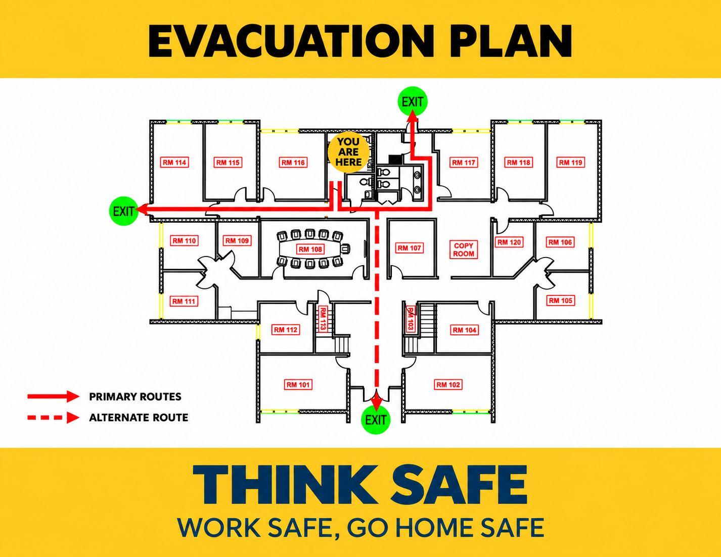 Sanitized evacuation plan example showing room locations, primary routes, alternate routes and exits.